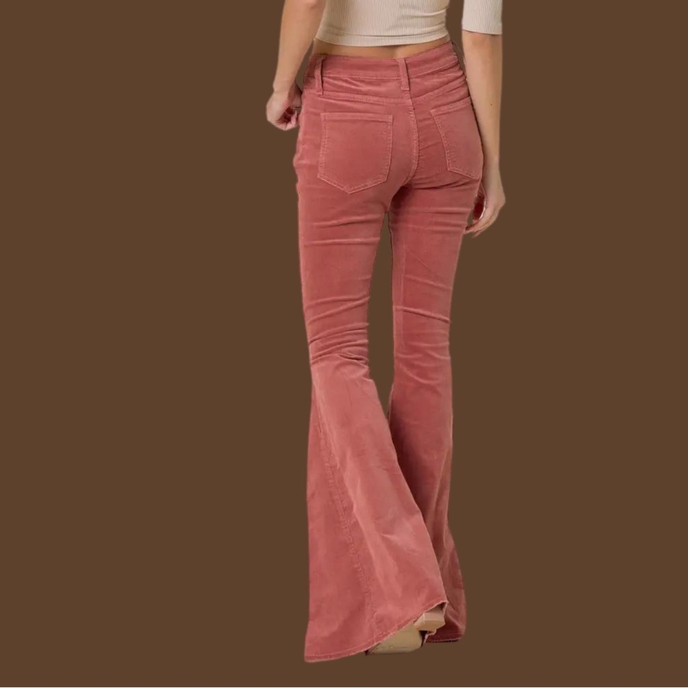 Boho Lightweight Corduroy Bell Bottom Pants High-Waisted Retro Mauve - Picture 2 of 5